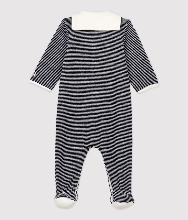 Babies' Stripy Organic Cotton Velour Sleepsuit with Collar blue/white